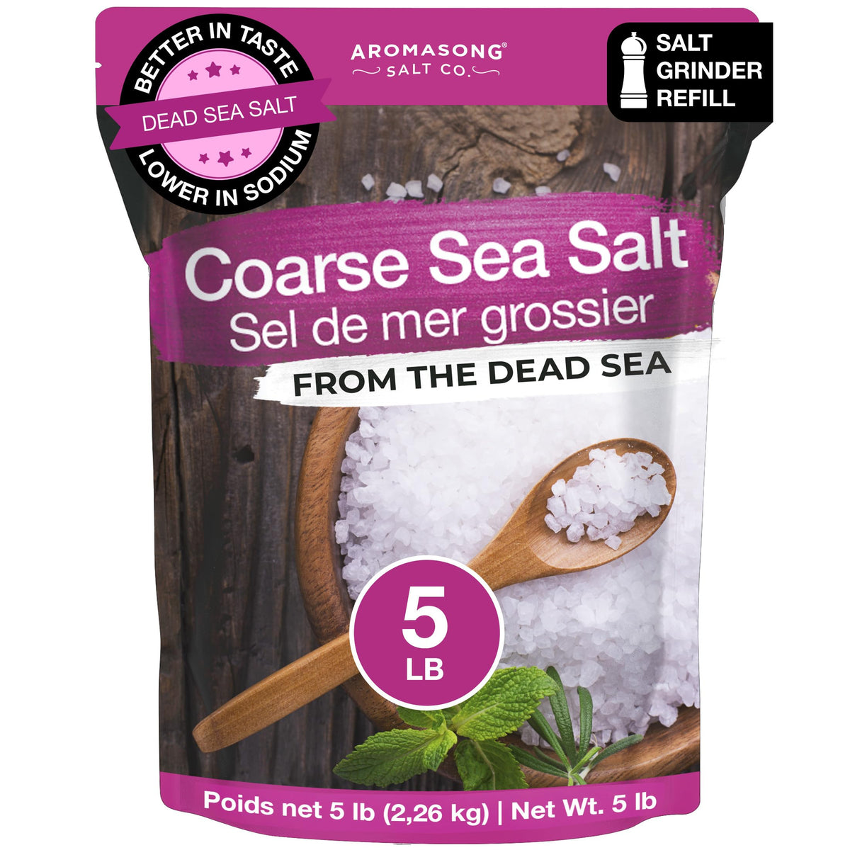 Aromasong Dead Sea coarse salt refill crystals for grinders, ideal for precise seasoning.