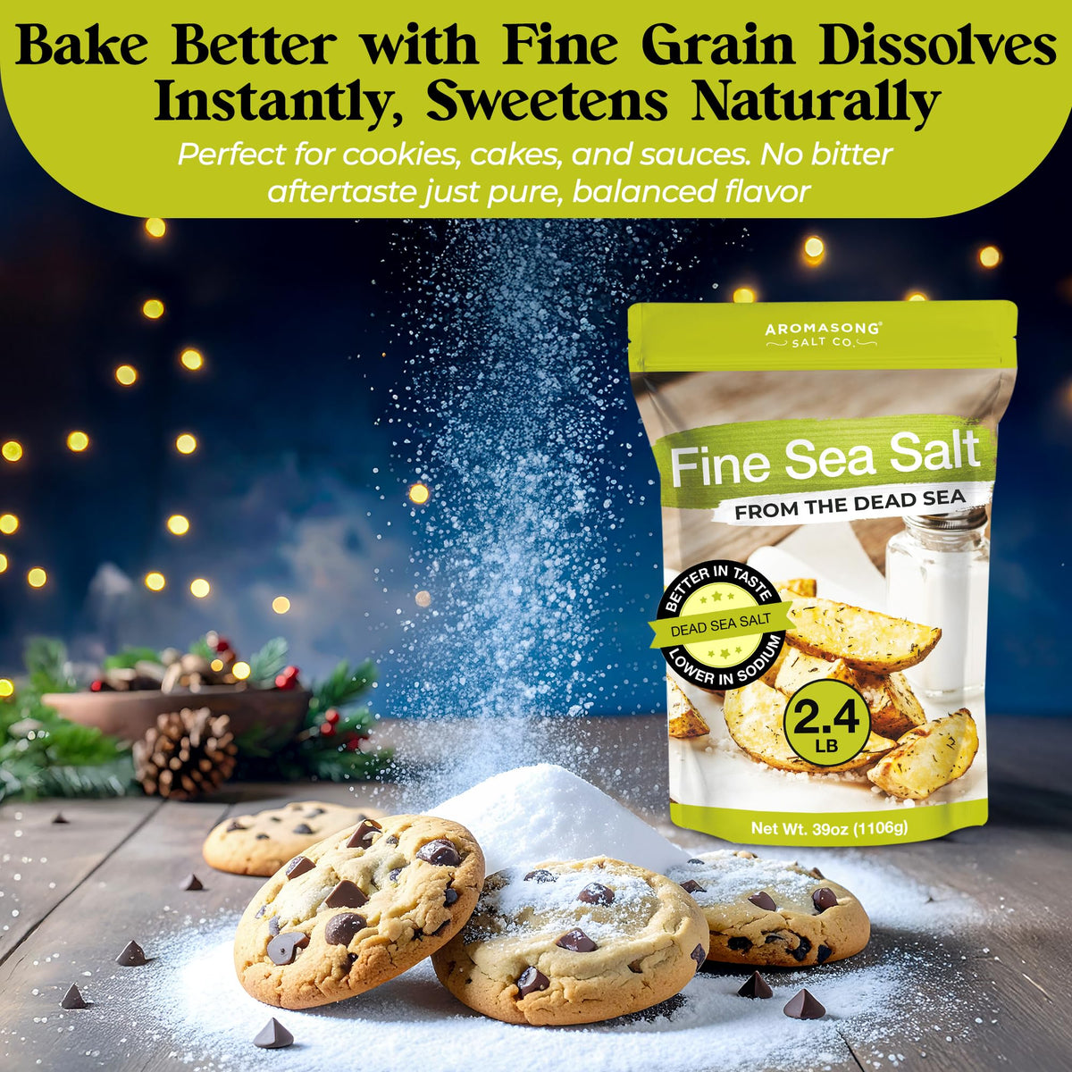 Aromasong Dead Sea Salt fine grain for precise seasoning and baking.