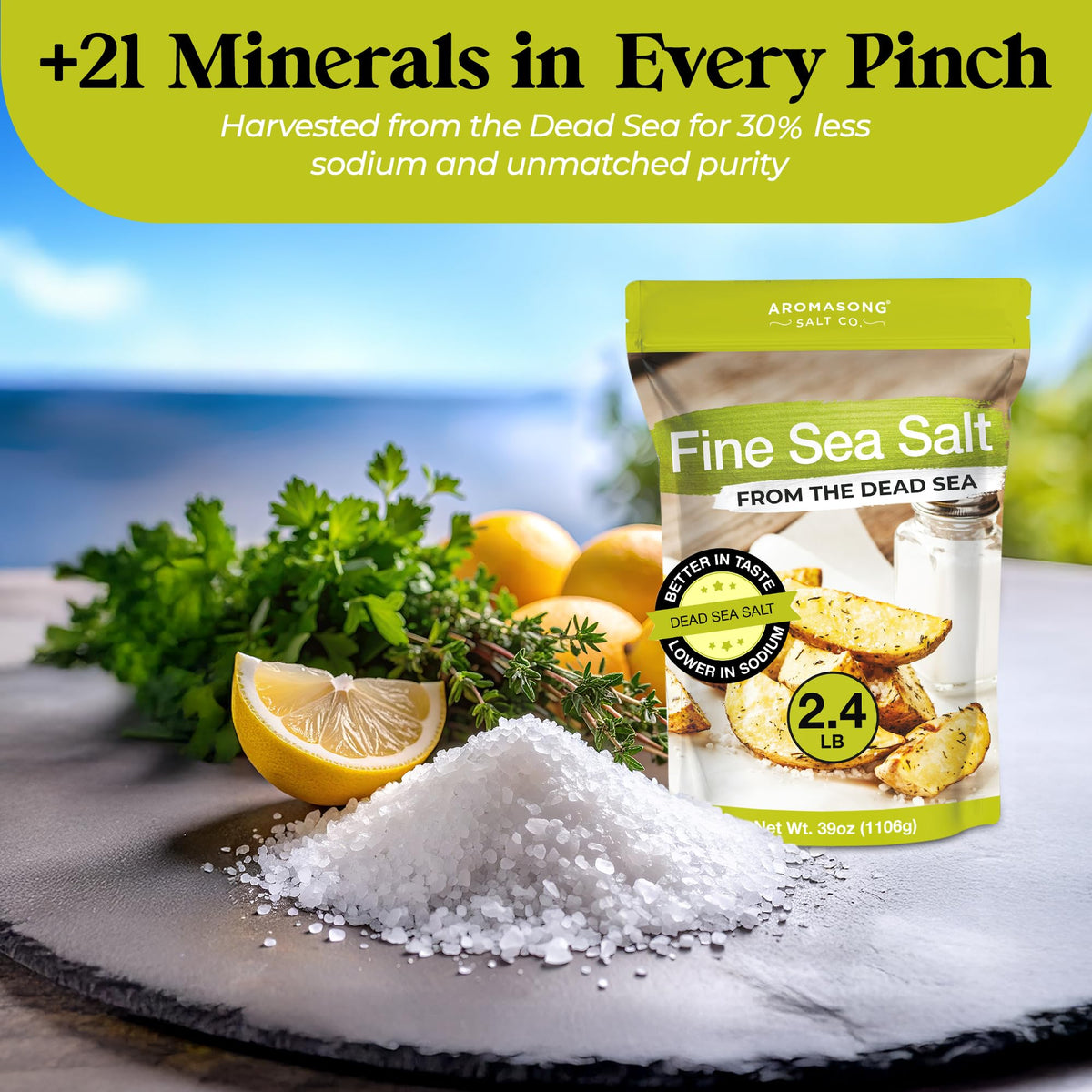 Aromasong Dead Sea Salt being poured for quick pinch-and-use at the stove.