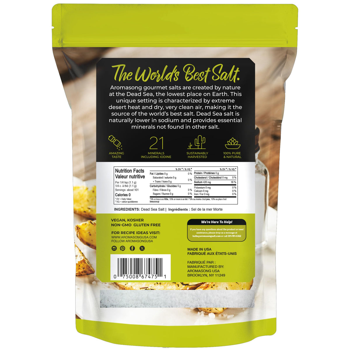 Aromasong Dead Sea Salt vegan-friendly and gluten-free for diverse diets.