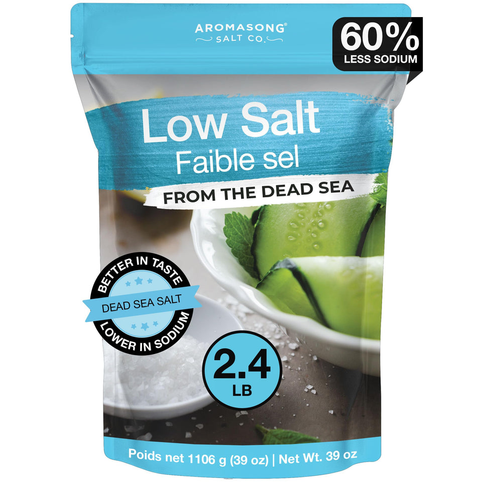 Aromasong low-sodium sea salt jar with fine crystals for precise seasoning.