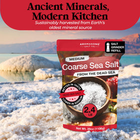 Aromasong sea salt coarse grain bulk pack label and easy storage.