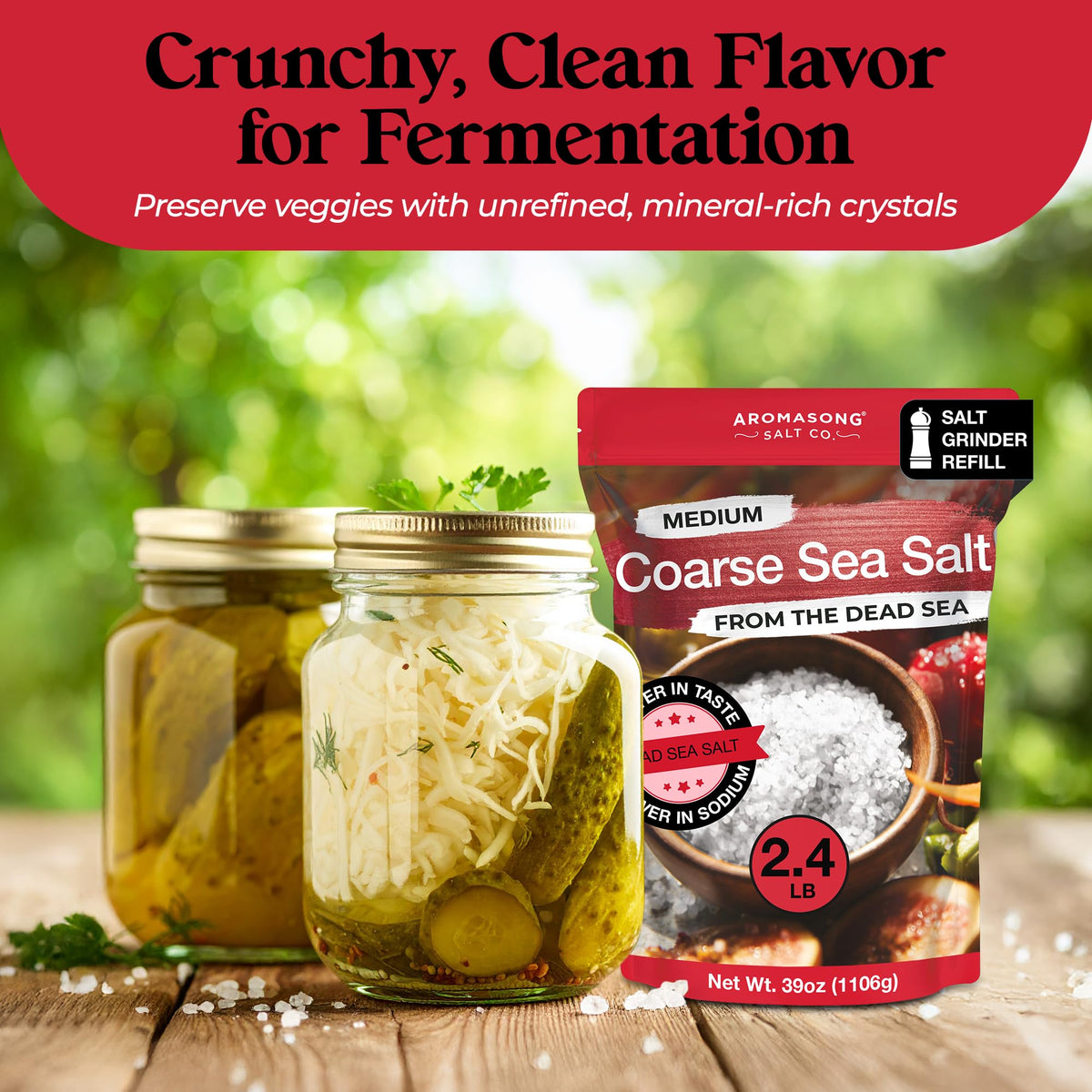 Aromasong sea salt coarse grain crystals ideal for canning and pickling.