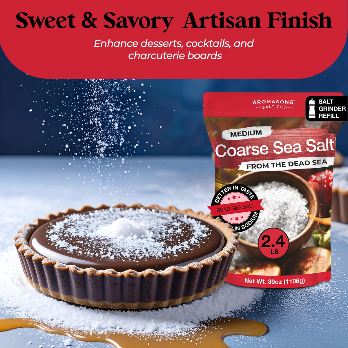 Aromasong sea salt coarse grain ready to enhance dishes and soups.