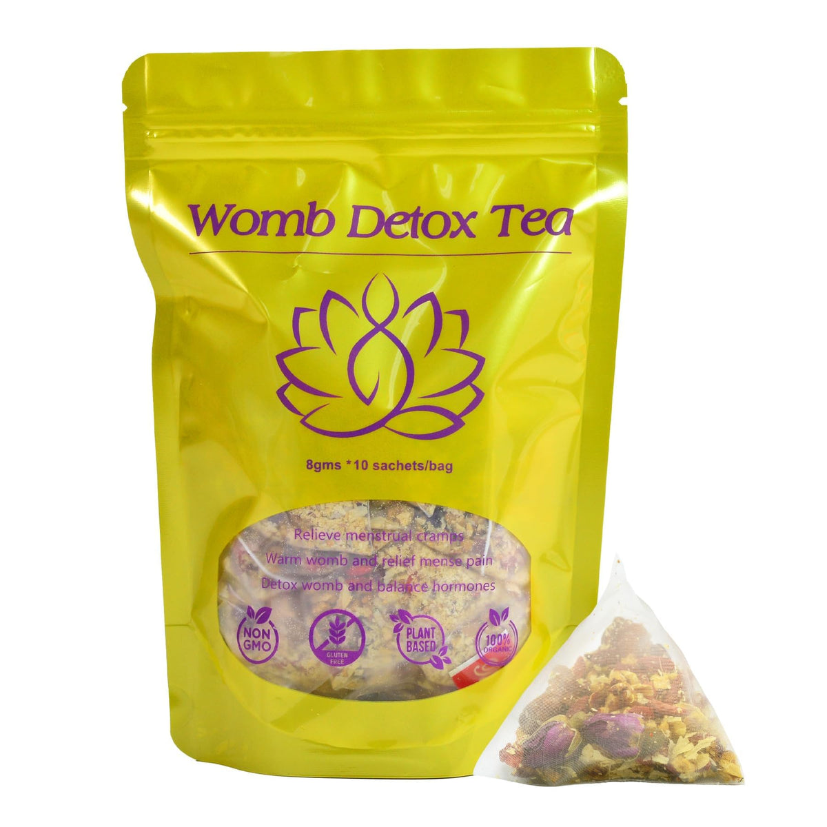 Aromlife Hiherbs Womb Detox Tea pack closeup, fresh blend for daily wellness.