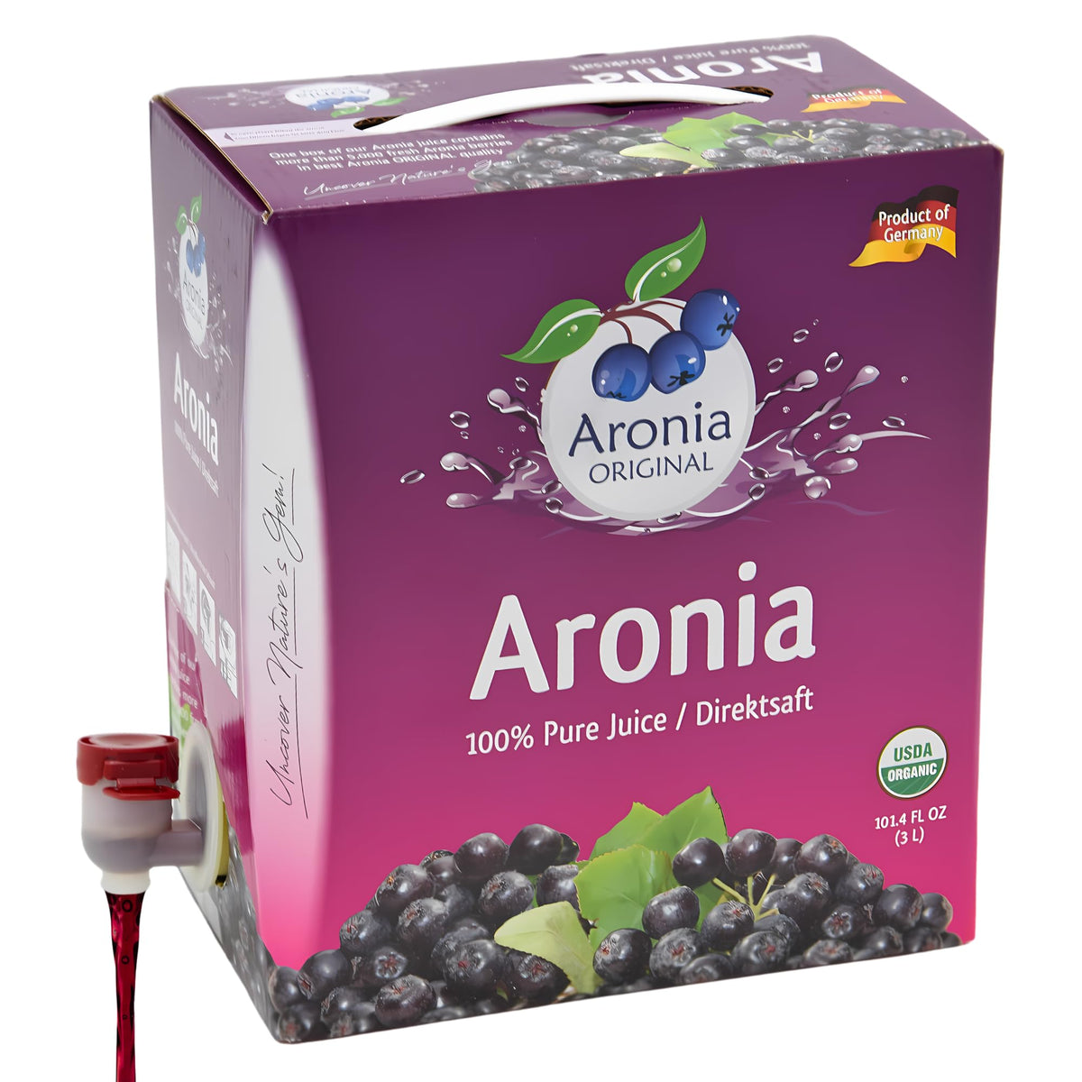 Aronia Original bottle pouring chokeberry juice for pure daily enjoyment.