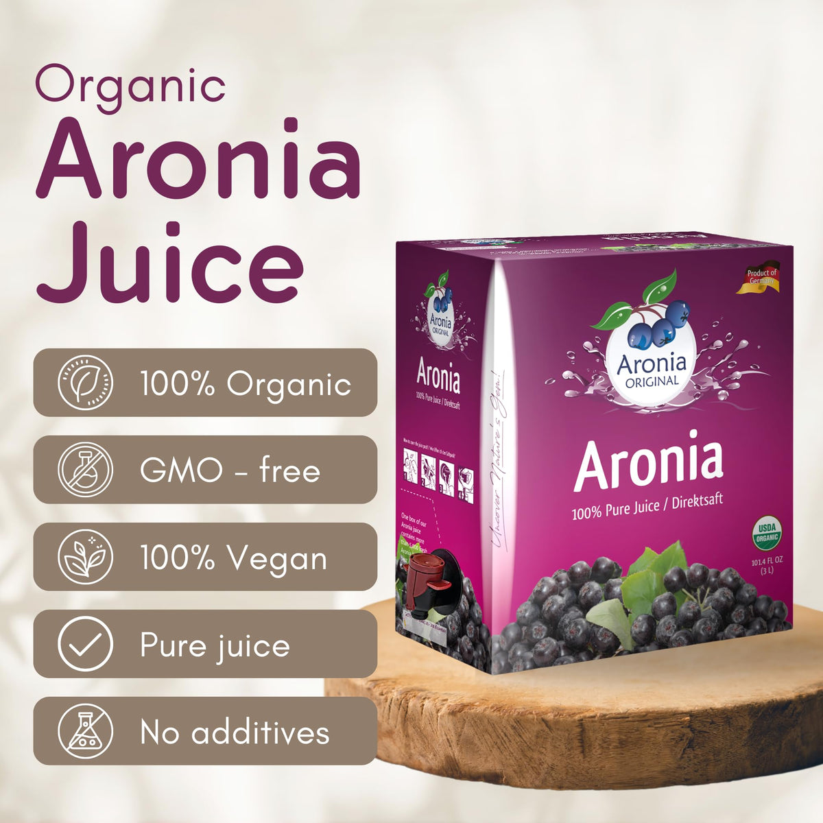 Aronia Original glass close-up showing deep tart chokeberry juice for tasting.