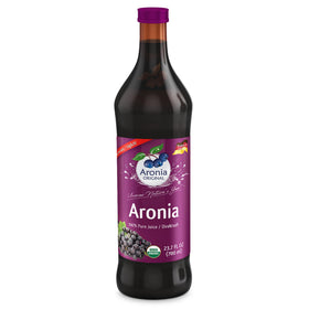 Aronia Original juice bottle front view, pure organic chokeberry flavor for daily enjoyment.