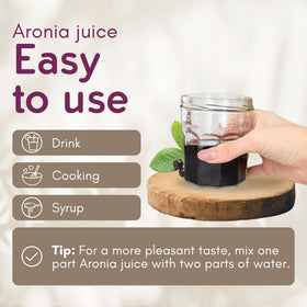 Aronia Original juice label closeup shows 100% organic, not from concentrate.