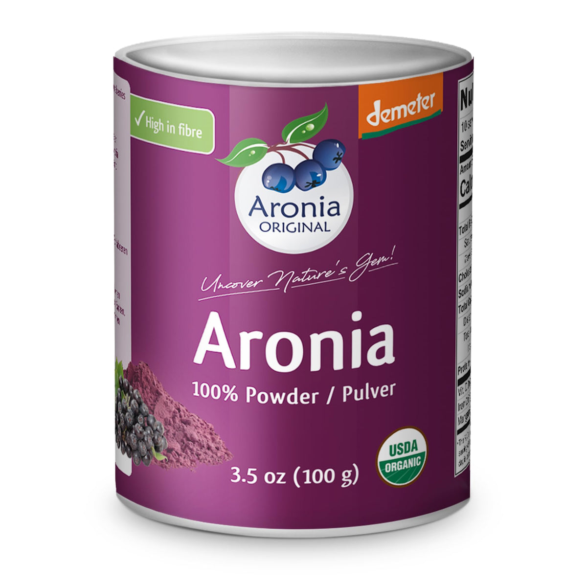 Aronia Original organic berry powder tub, ideal for smoothies.