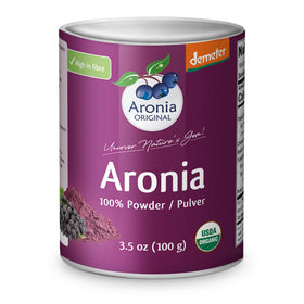 Aronia Original organic berry powder tub, ideal for smoothies.