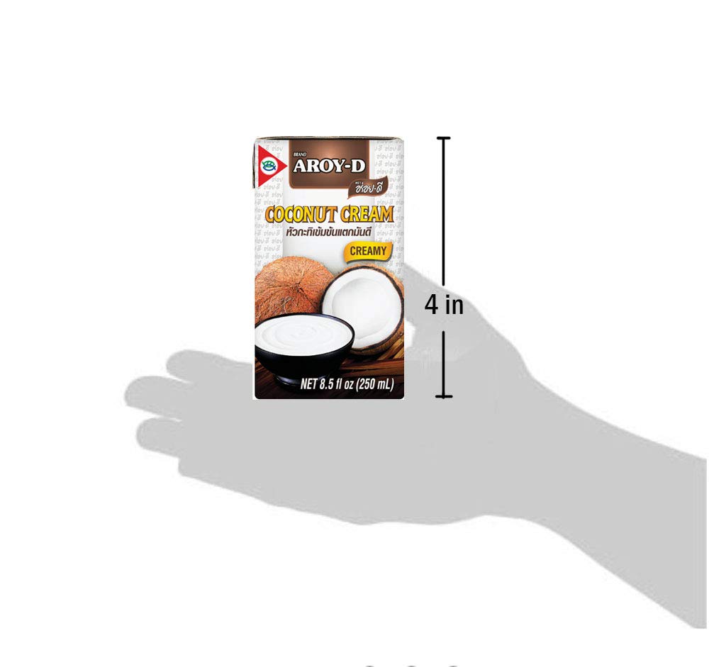 Aroy-D Coconut Cream label close-up, emphasizing trusted brand for savory and sweet recipes.