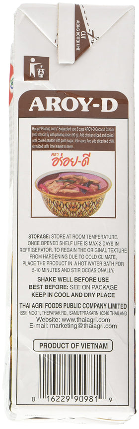 Aroy-D coconut cream carton pack, perfect for vegan sauces and creamy desserts.