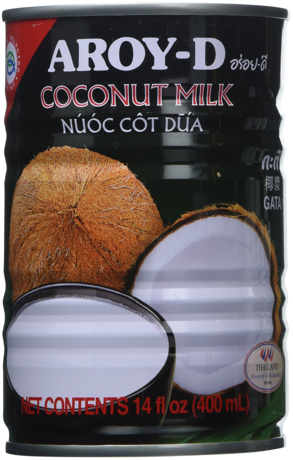 Aroy-D coconut milk can in a six-pack, ideal for rich curries and desserts