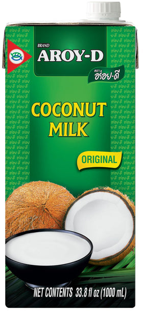 Aroy-D coconut milk in BPA-free carton packaging, ideal for rich curries and desserts.