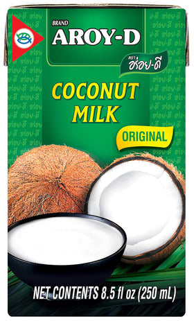 Aroy-D coconut milk on pantry shelf, versatile cooking staple.