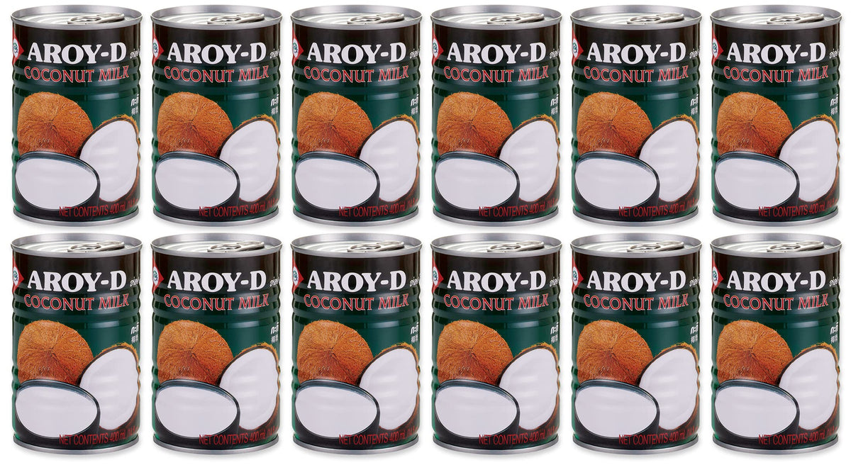 Aroy-D coconut milk pack of 12 cans for convenient curry and dessert prep.