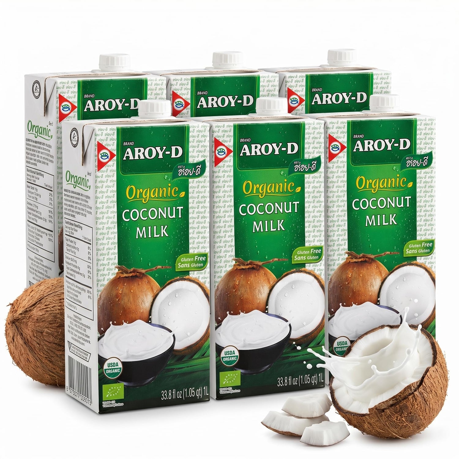 Aroy-D Organic Coconut Milk carton in a kitchen, ideal for curries and desserts.