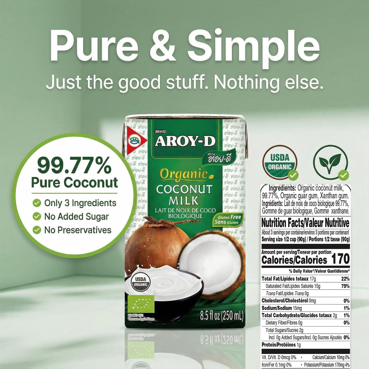 Aroy-D Organic Coconut Milk creamy texture closeup suitable for desserts and beverages.