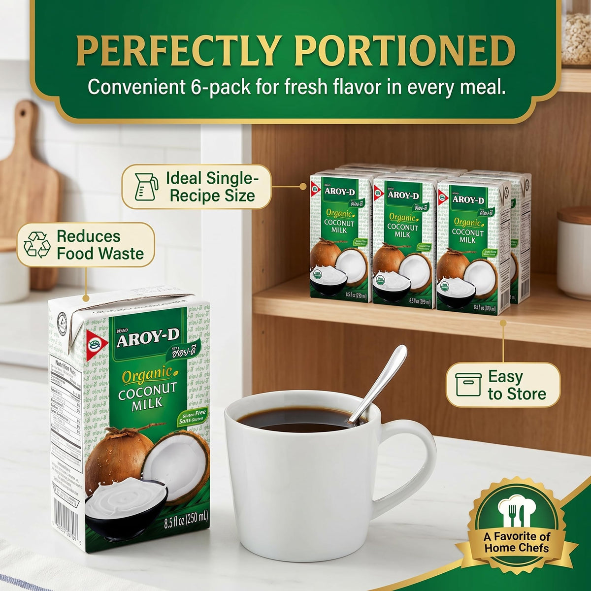 Aroy-D Organic Coconut Milk pour with spoon for creamy desserts and curries.