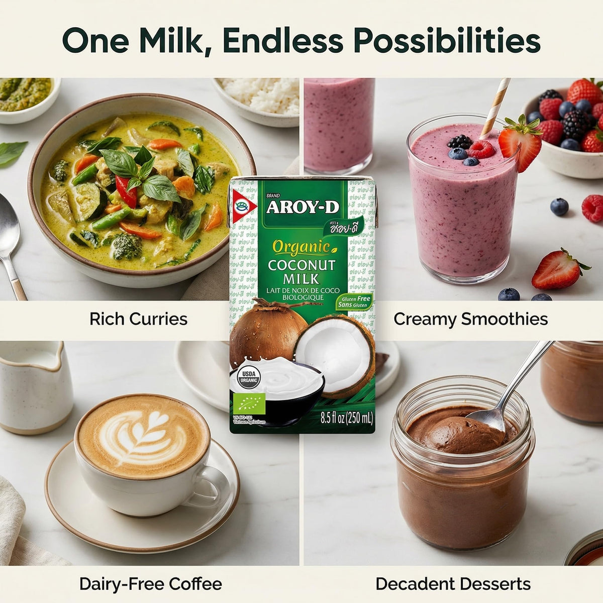 Aroy-D Organic Coconut Milk gluten-free vegan-friendly icon emphasizes inclusive cooking.