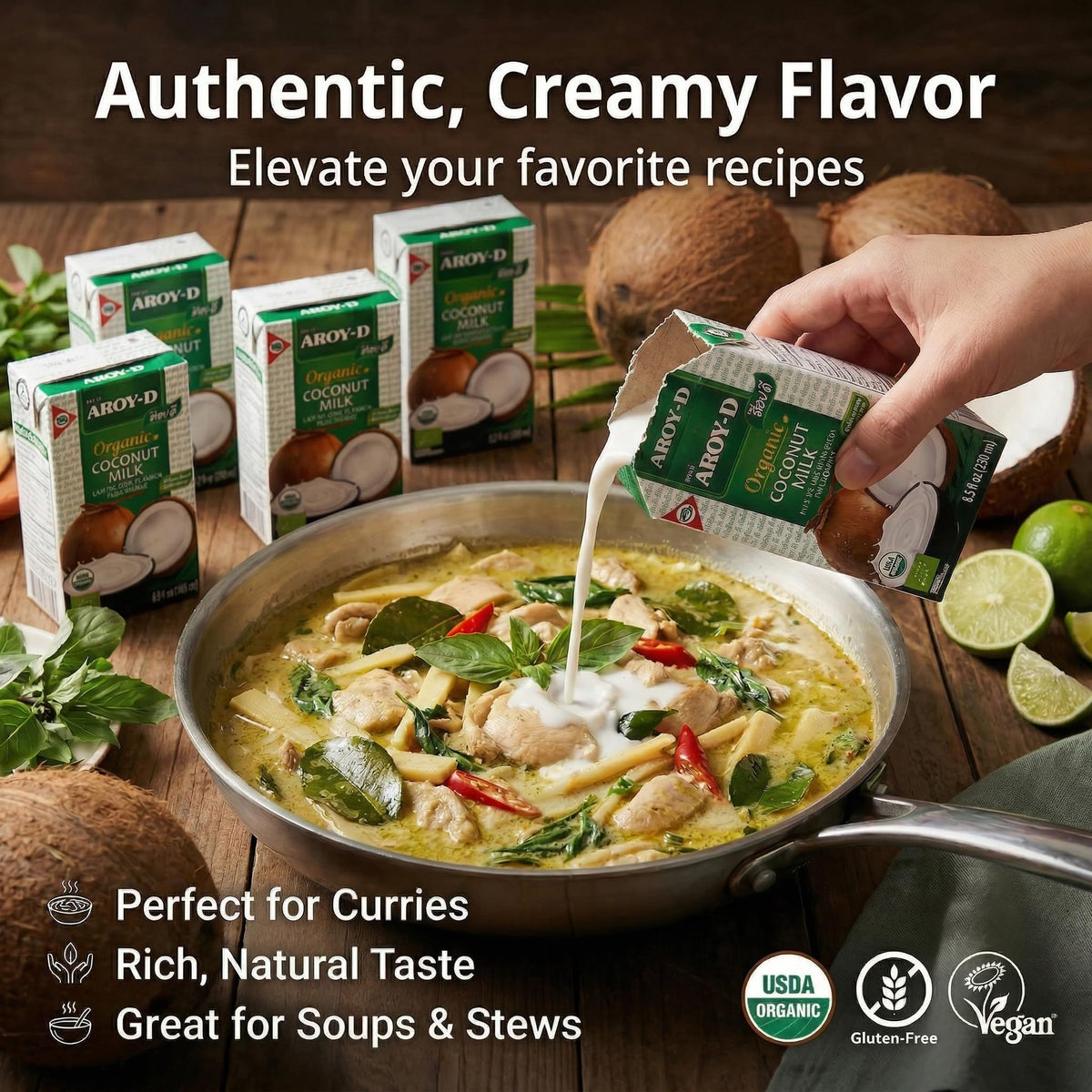 Aroy-D Organic Coconut Milk ingredient list shows guar gum and xanthan for smoothness.