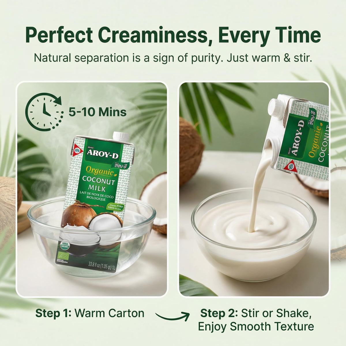 Aroy-D Organic Coconut Milk label shows 99.77% coconut content, purity.