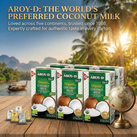 Aroy-D Organic Coconut Milk storage guide image demonstrates proper cold-to-hot texture restoration.