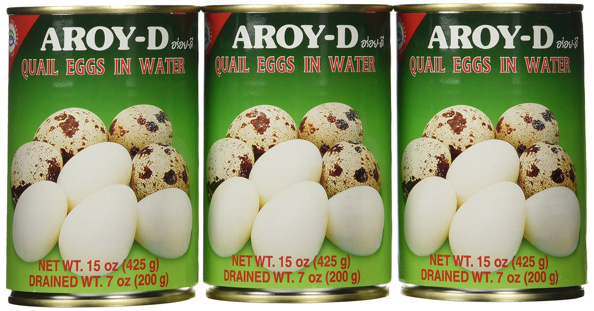 Aroy-D quail eggs in water cans on shelf ready to eat