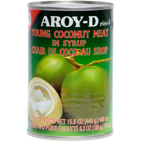 Aroy-D young coconut meat in syrup pack shown, ideal for vegan desserts