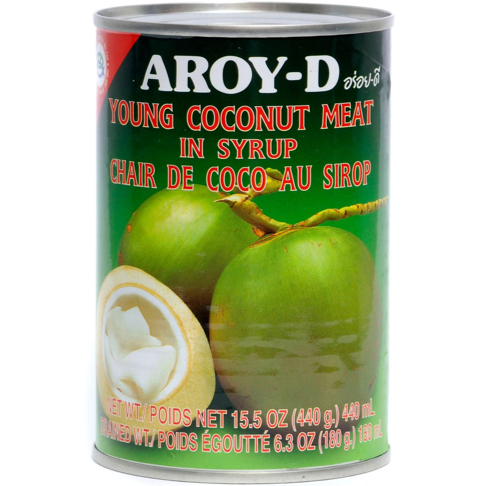 Aroy-D young coconut meat in syrup pack shown, ideal for vegan desserts