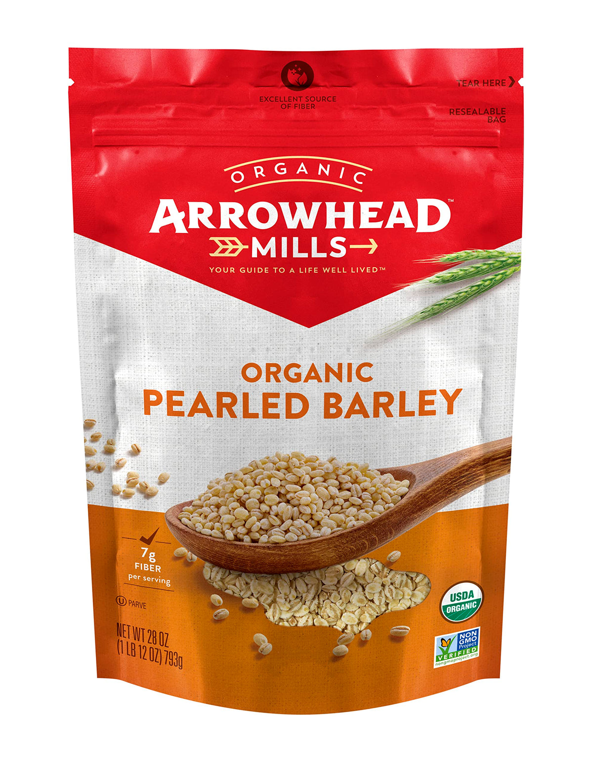 Arrowhead Mills pearled barley bag 28 oz, versatile staple for pilafs and breakfasts.
