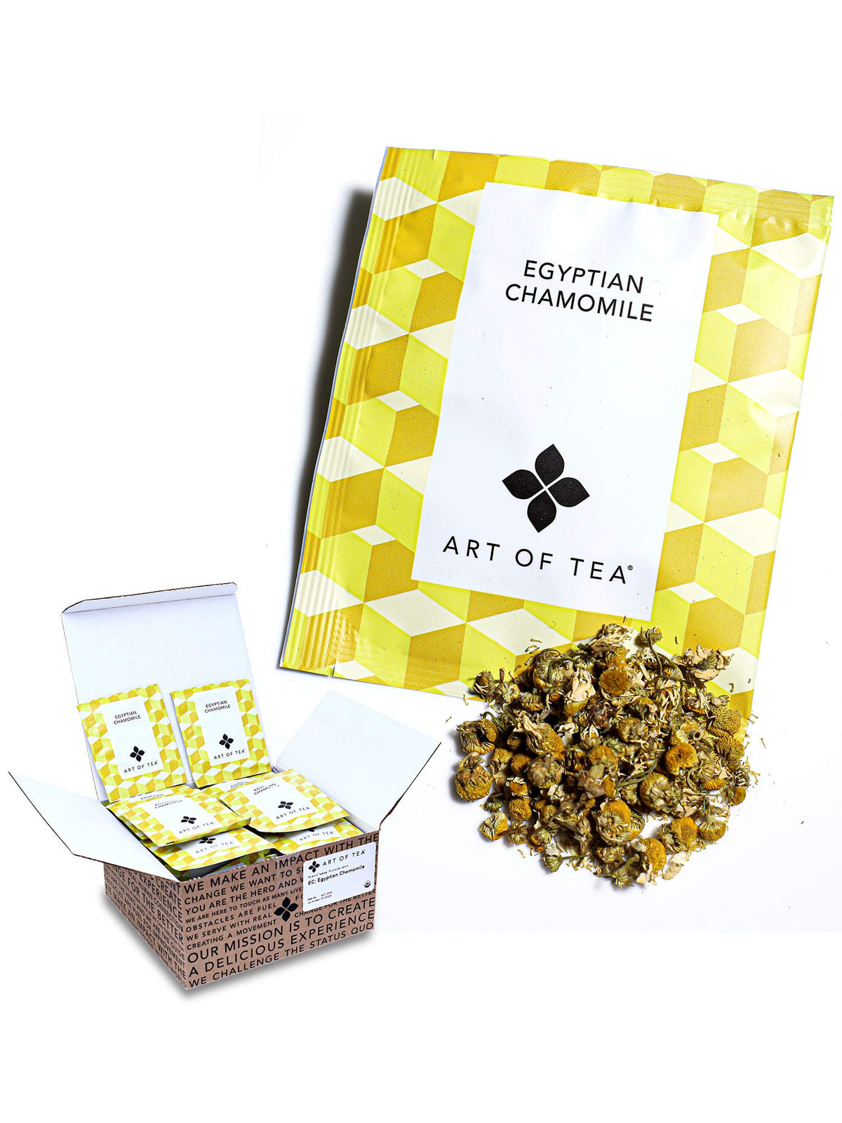 Art of Tea Egyptian Chamomile Tea Bags display calming aroma and 50 pyramid sachets.