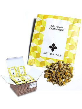 Art of Tea Egyptian Chamomile Tea Bags display calming aroma and 50 pyramid sachets.