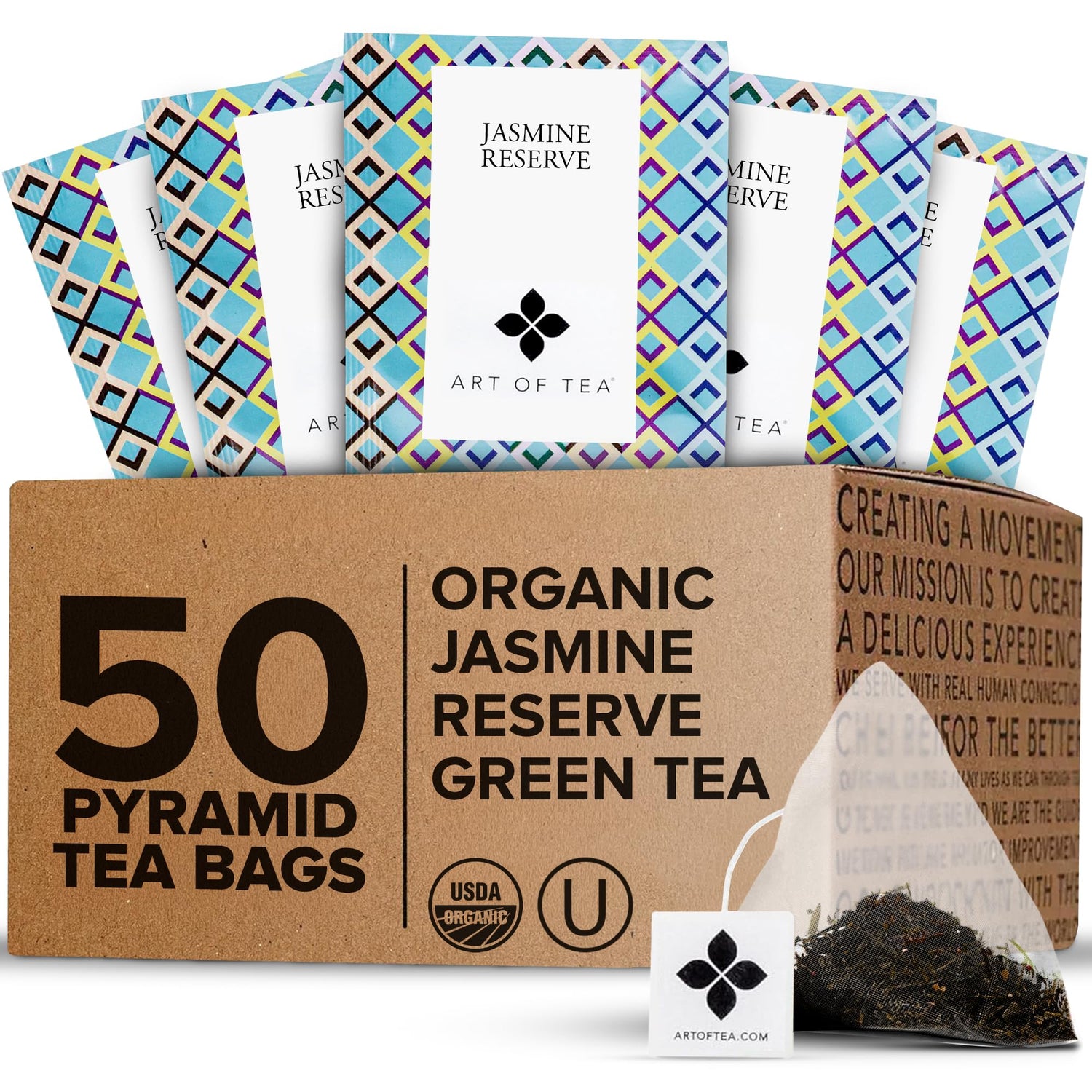 Art of Tea Jasmine Reserve bulk pack with 50 pyramid sachets for a jasmine-forward brew.
