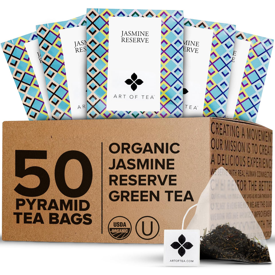 Art of Tea Jasmine Reserve bulk pack with 50 pyramid sachets for a jasmine-forward brew.