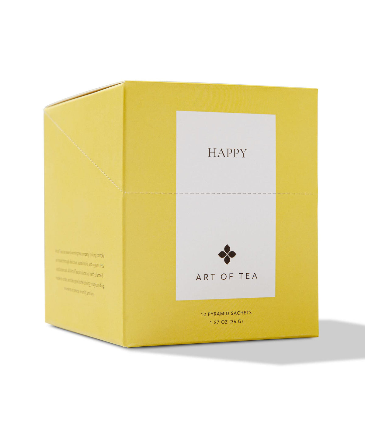 Art of Tea Organic Happy Tea packaging with individual pyramid sachets for freshness and convenience.