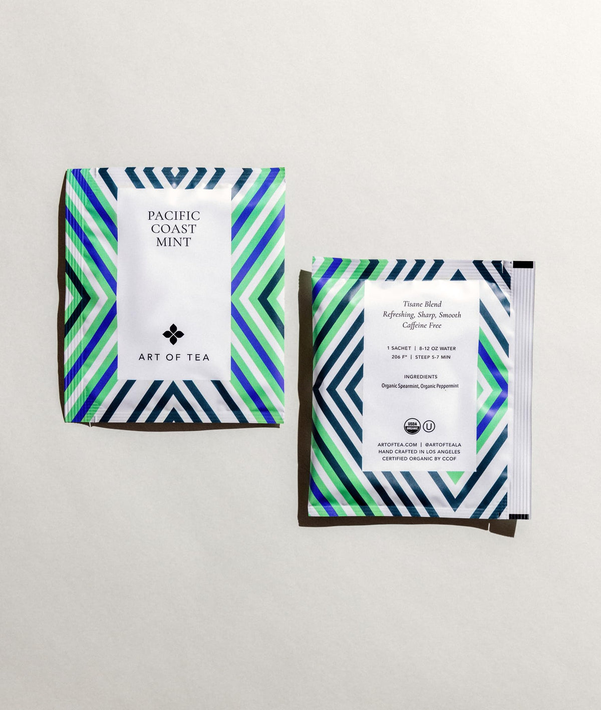 Individually wrapped Art of Tea Pacific Coast Mint sachets for freshness on the go