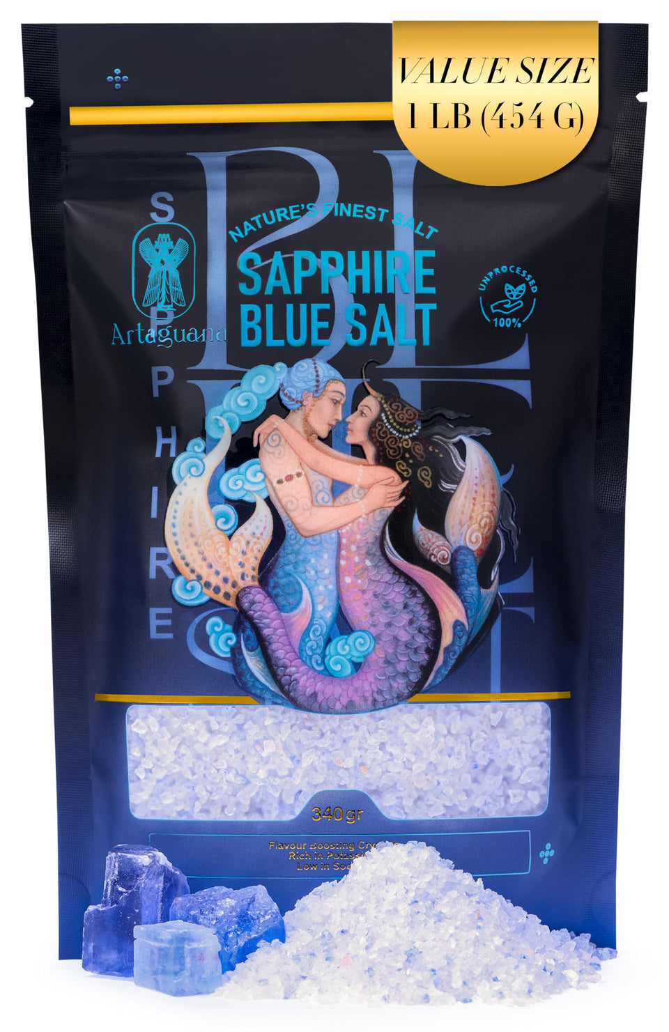 Artaguana Sapphire Blue Salt crystals close-up show vibrant color and crisp texture.