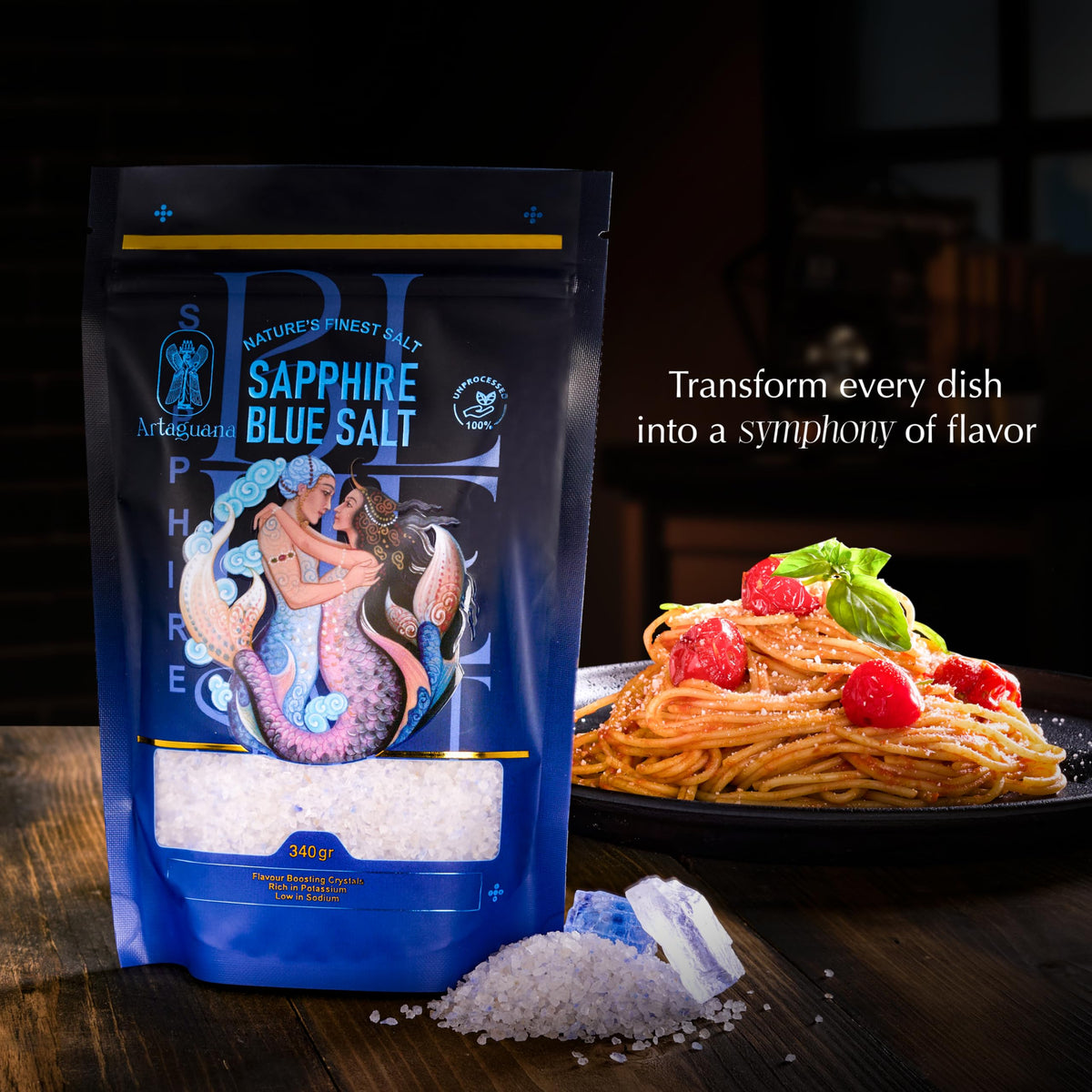 Artaguana Sapphire Blue Salt crystals pour gracefully, adding color to recipes.