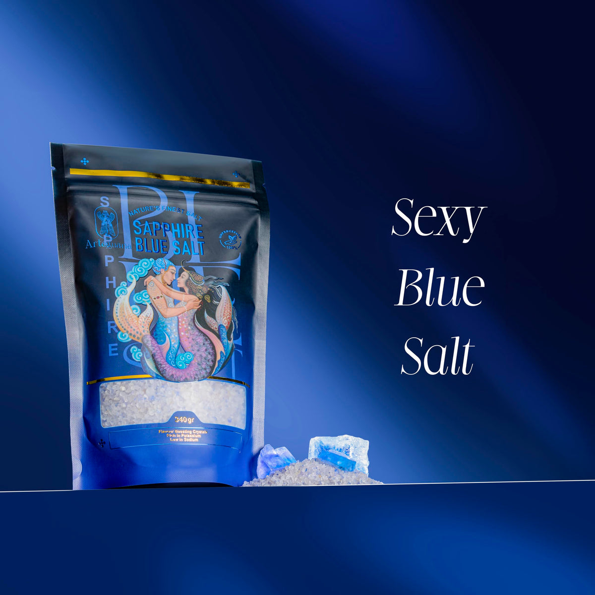 Artaguana Sapphire Blue Salt on the kitchen counter signals gourmet seasoning.