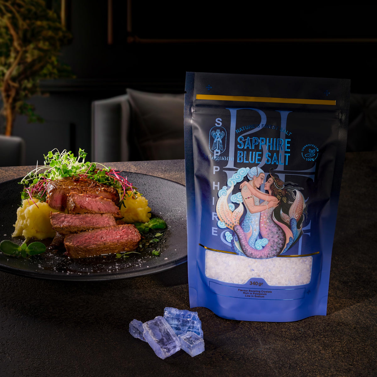 Artaguana Sapphire Blue Salt on a plate elevates seafood and salads.