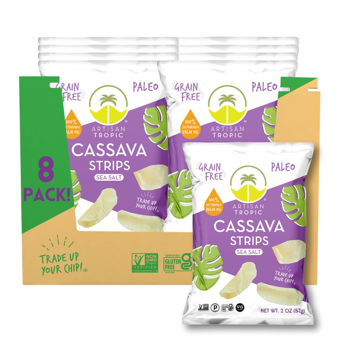 Artisan Tropic cassava strips sea salt bag closeup, a gluten-free, vegan snack option