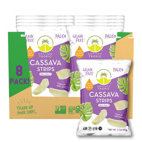 Artisan Tropic cassava strips sea salt bag closeup, a gluten-free, vegan snack option