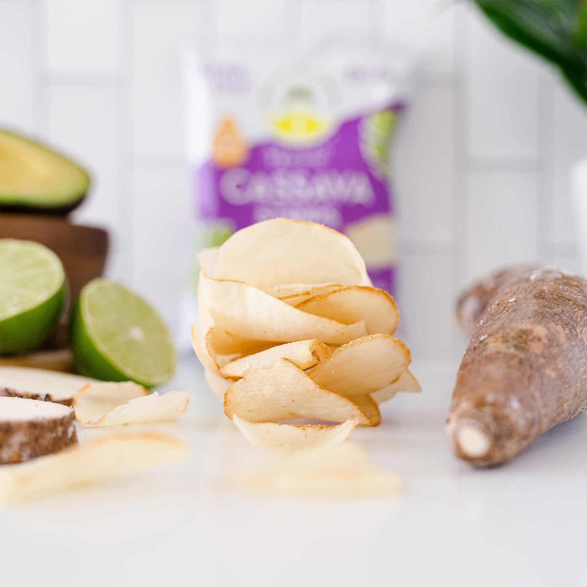 Artisan Tropic Cassava Strips Sea Salt bag close-up, fiber-packed option