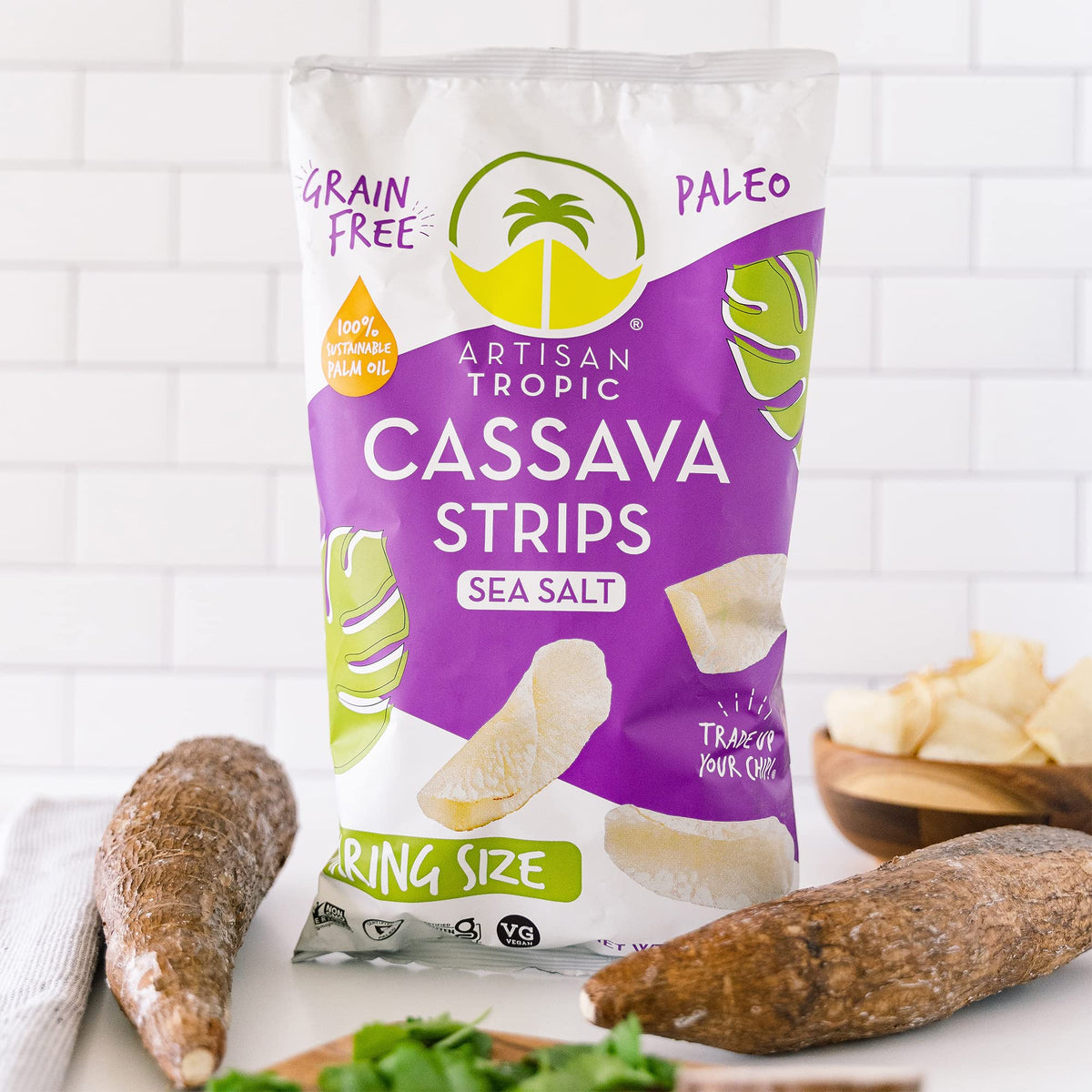 Artisan Tropic Cassava Strips Sea Salt on plate with dip, ideal party snack