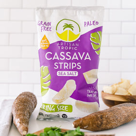 Artisan Tropic Cassava Strips Sea Salt on plate with dip, ideal party snack
