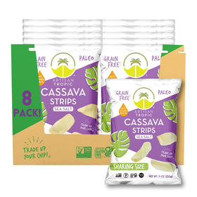 Artisan Tropic Cassava Strips Sea Salt bag front, plant-based lunch-friendly snack