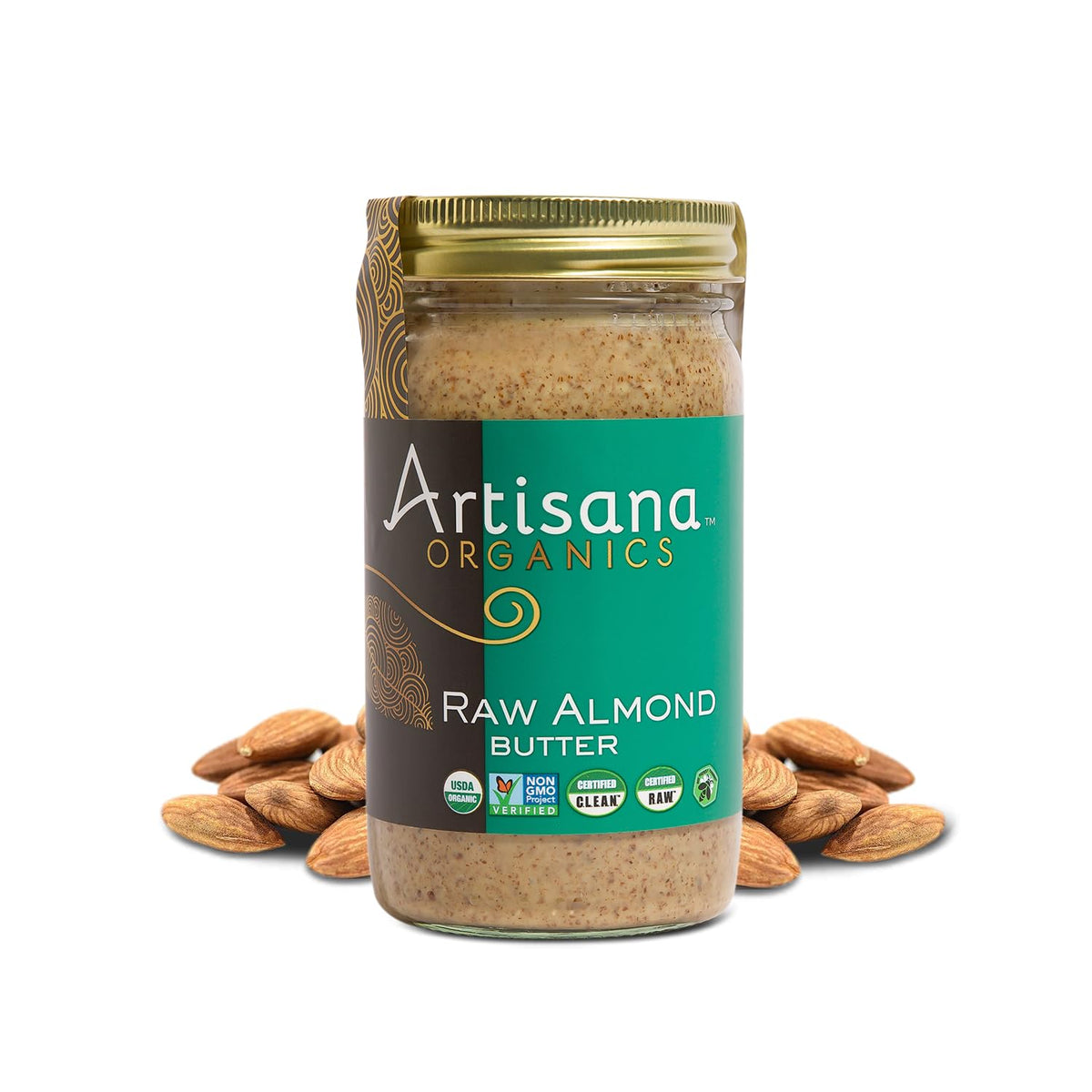 Artisana Almond Butter jar close-up showing creamy texture for easy spreading.