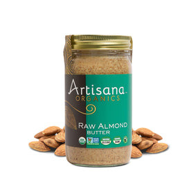 Artisana Almond Butter jar close-up showing creamy texture for easy spreading.